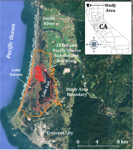 Figure 1: Map of the study area boundary, Lake Earl, and Lake Tolowa and it’s associated lagoon system, including other outlying areas.