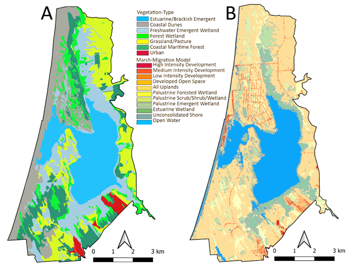 Figure 2: A) Map of the existing vegetation-types found within the study area and used in the Static Vegetation Model; and B) baseline (zero sea-level) map of various hypothetical numbered categories of marsh-types derived from the Marsh Migration Model, based on a clipped and vectorized digital elevation model (DEM) that used the NOAA National Weather Service’s Weather Forecast Office (WFO) boundaries.