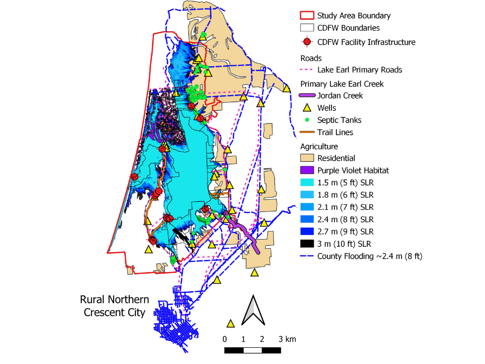 Figure 7: Map of the study area and Lake Earl Wildlife Area boundaries, and the associated varied infrastructure, roads, trails, sensitive violet habitat, potential flooding zones (including outlying rural areas of northern Crescent City), and the distribution of agricultural lands surrounding the wildlife area.