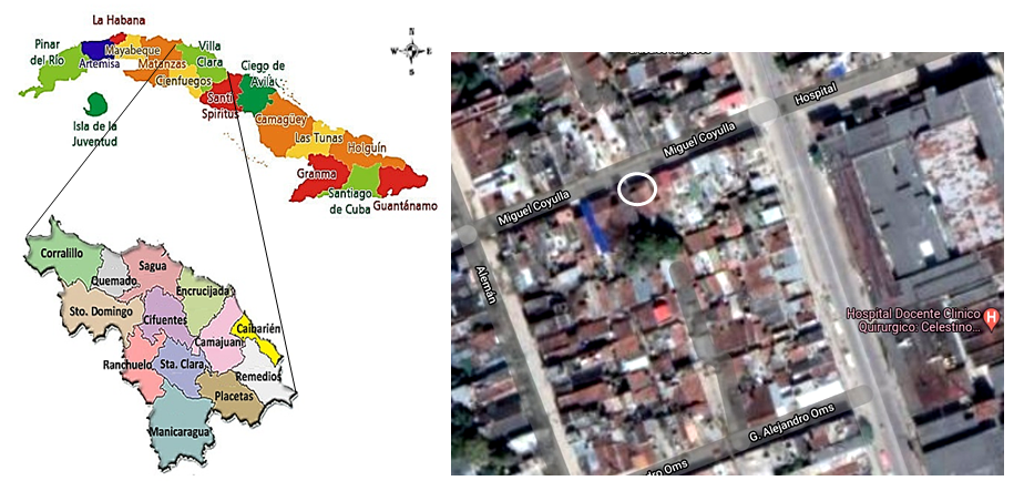 Figure 1: Map of Cuba with its 15 provinces and the special municipality Isla de la Juventud and map of the province Villa Clara with its municipalities. Enclosed in a circle and in satellite view, place where the pet shop is located.