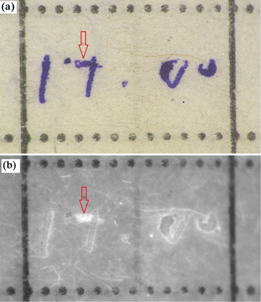 Figure 1: A: Time Observed to the Naked Eye. B: Time Observed Under Infra-Red Radiation. The Arrow Indicates that Newly Added Stroke Gives Luminescence Under IR.