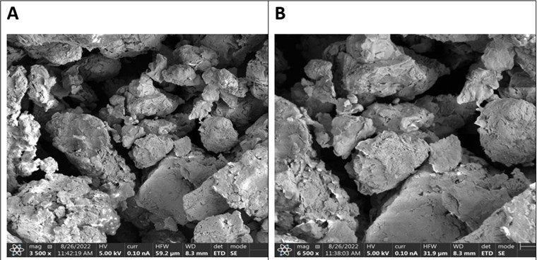 Figure 17: SEM images of Na bentonite used for experimentation at (A) 3500 and (B) 6500 magnifications.
