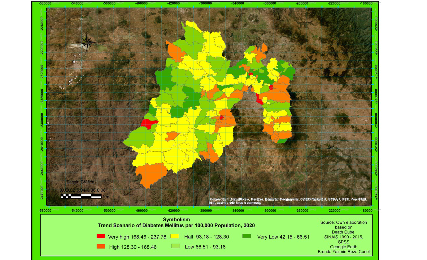 Figure 2: Spatial distribution of the trend scenario of mortality due to Diabetes Mellitus, State of Mexico: 2020.