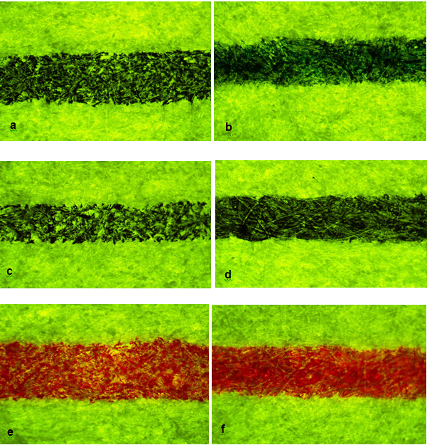 Figure 6: Different intensity of fluorescence observed in the samples kept inside a notebook for 30 days a) Cello finegrip blue ball b) Add achiever blue gel c) Claro Champ black ball d) Pilot luxor V7 black gel e) Cello butterflow red ball f) Uniball signo gelstick red gel.