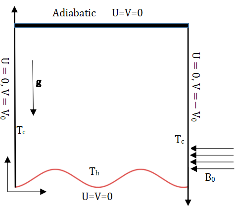 Figure 1: The vertical side walls are isothermally cooled, whereas the sinusoidal bottom surface is considered as isothermal heat source and the top wall is kept adiabatic. The left and right vertical walls are assumed to move in the upward and downward directions with velocity _V_0=1 and_V_0 = -1 respectively while no-slip boundary conditions are imposed on other walls. A uniform external magnetic field _B_0 is applied in the direction of negative _X-axis_ normal to the vertical walls. The nanofluid inside the enclosure is considered as laminar, incompressible, Newtonian and the nanoparticles are assumed to have a uniform shape and size. The base fluid and nanoparticles are also considered in thermal equilibrium condition.