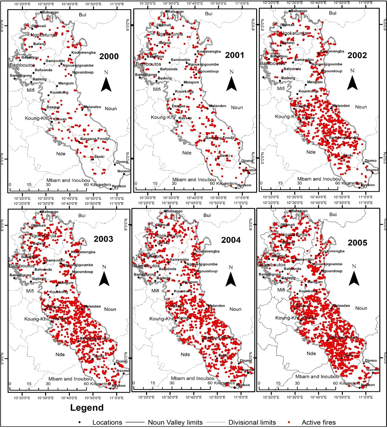 Figure 3: Human-induced fires in the Noun Valley from 2000 – 2005.