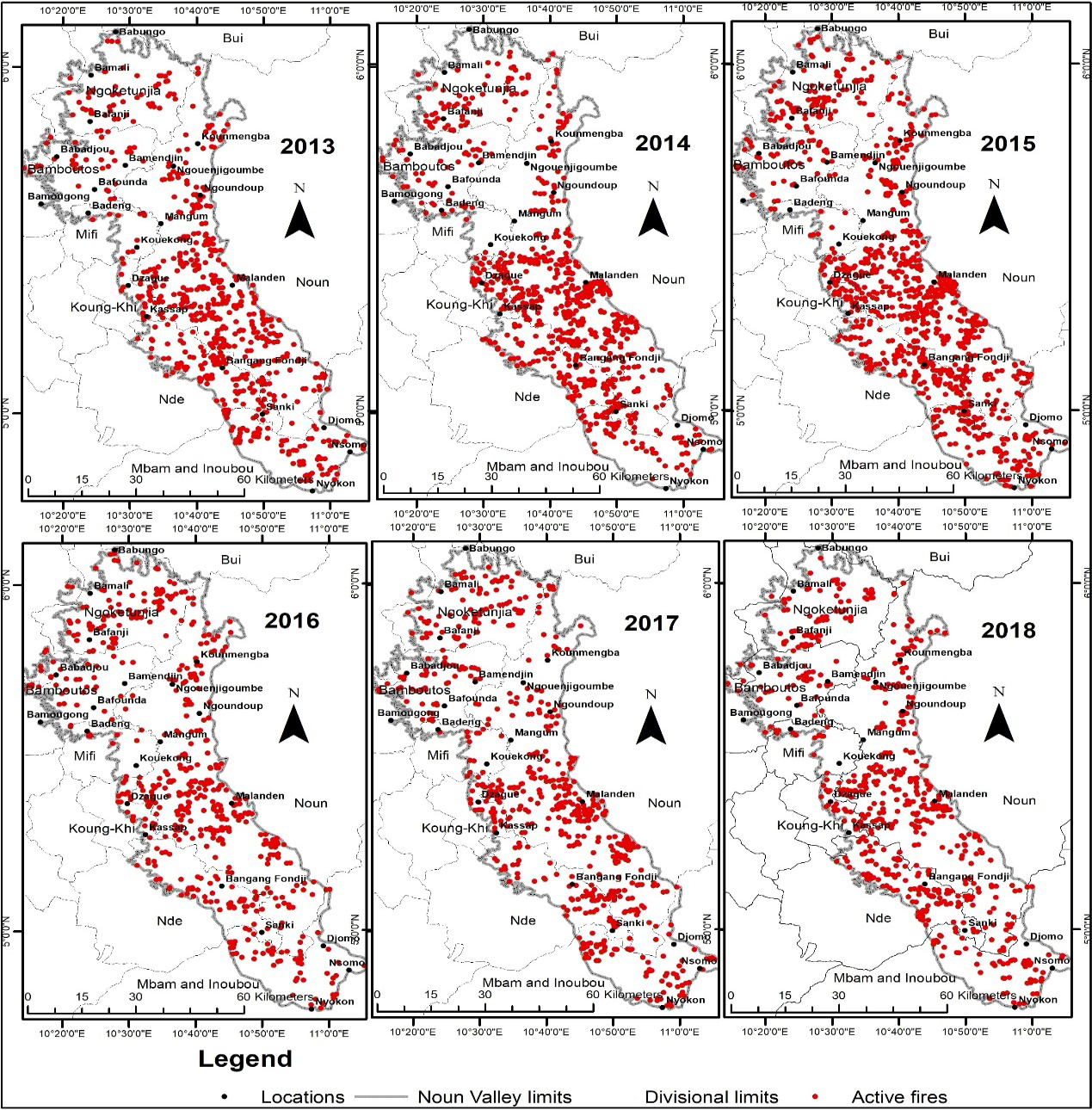 Figure 4: Human-induced fires in the Noun Valley from 2013 – 2018. Source: MODIS active fire product Archives (NASA, 2022)