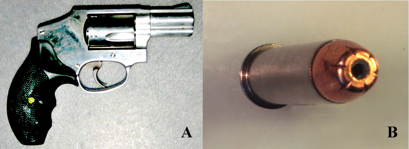 Figure 3: A. The 5-shot .357 caliber Smith and Wesson Model 640-1 revolver used in this shooting. B. .357 caliber Hornady Frontier XTP cartridge from the box of cartridges that were used in this shooting.