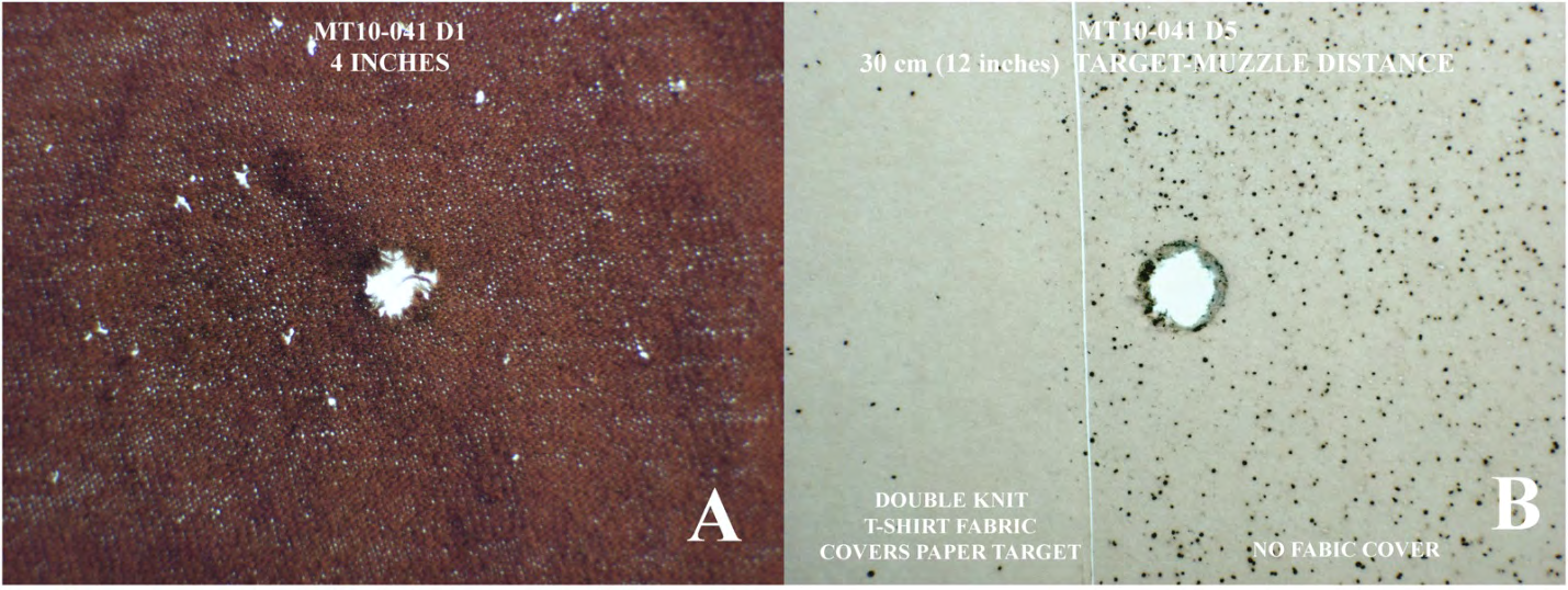 Figure 5: A. Backlit test fabric shot with the.357 caliber revolver muzzle 4 inches (10 cm) from the fabric; penetration of gunpowder fragments produced small holes around the bullet hole. B. The backlit target was shot at 12 inches (30 cm); the left part of the Benchkote material was covered with fabric, and the right part was uncovered. The gunpowder particles appear as dark stipples on the backlit paper. Most of the powder particles were prevented from penetrating the fabric, which covered the left part of the target.