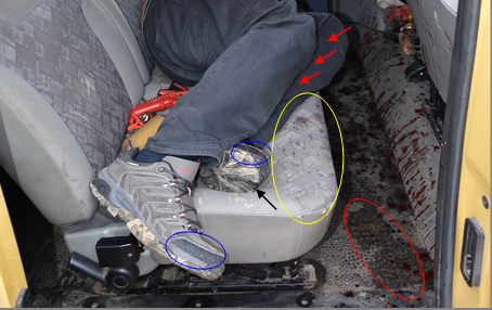 Figure 1: The Position of the Corpse on the Backseat of the Camper and the Distribution of the Blood Stains in that Part of the Vehicle.