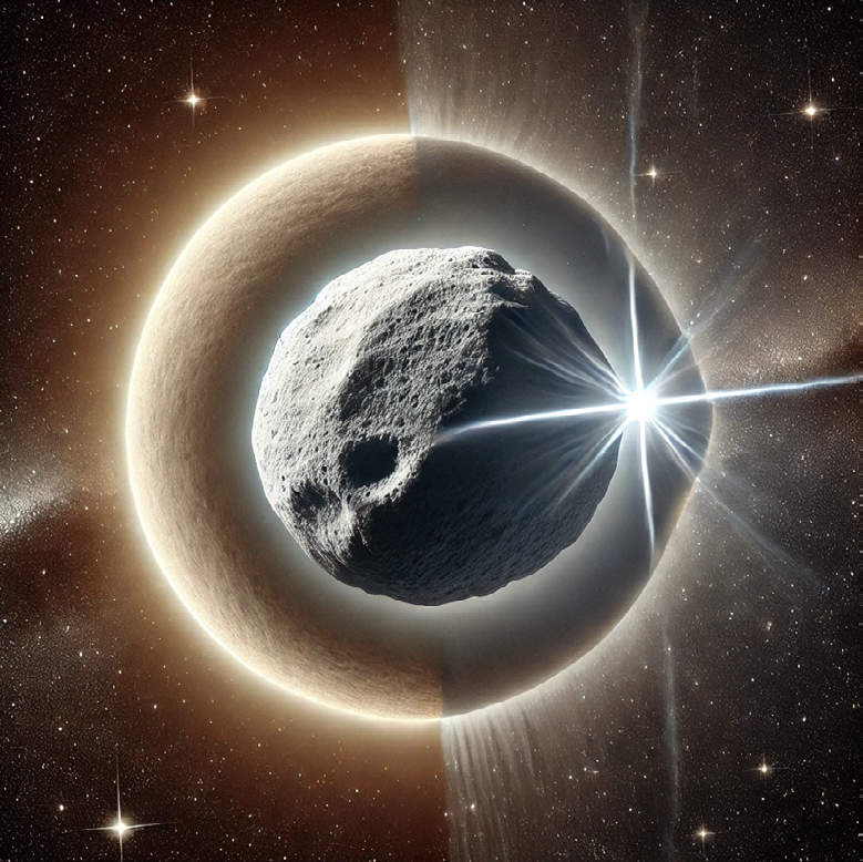 Figure 8: Schematic example of image illustrating an irregularly shaped asteroid in space – it showcases the asteroid’s rugged surface and uneven structure, contrasting against the backdrop of distant stars and galaxies.