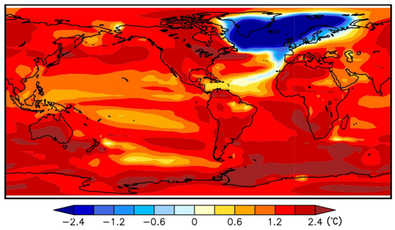Figure 4: The Cooling of Parts of the North Atlantic under a High Emissions Scenario with an AMOC Tipping Point. Source: Science [1,49,50].