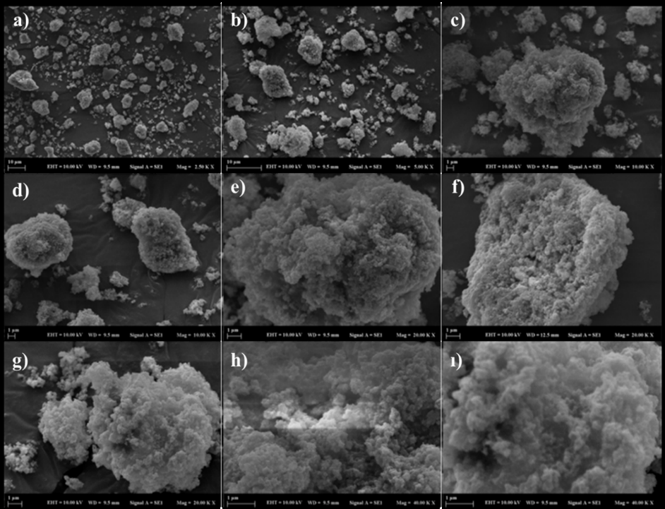 Figure 4: SEM analysis of silica aerogel after functionalization (a: x2.5K, b: x5K, cd: x10K, e-f-g: X20K, h-ı: X40K growth dimensions).