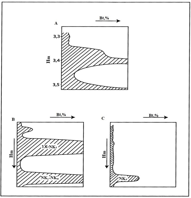 Figure 1: Vertical-stratigraphic distribution of bitumoids in rocks. Bt, m A- South Yolotan, B -South Gamyshlydzha, C- Shatut The non-productive part of the section is characterized by Bt content values not more than 0.001-0.01%. As an example of the South Eloten field, significant oil and gas accumulations have been documented in the Kellovian- Oxfordian and Kimeridge sediments at depths of 4.5 and 3.5 kilometres, respectively. In particular, light anhydrous oil has been found in the Kimeridge sediments at depths of 3454.5- 3455.5 metres. As shown in Figure 1A, the bitumoid content in this part of the section was up to 2% or more. Above the section, another maximum in Bt content is highlighted, where another oil deposit can also be assumed to have been discovered. In the Gogerendag-Ekerem uplift zone of the South Gamyshlydzha field, two zones of maximum Bt content are identified in horizons 1X-NK2 and NK4-NK8. The established deposits belong to gas-condensate-oil or oil-gas-condensate deposits [6]. At the same time, at the nearby Shatut field, the saturation of rocks with bitumoids did not exceed 0.2%, and only one gas-condensate deposit was discovered.