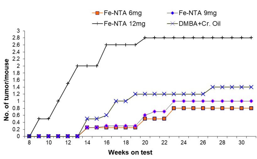 Figure 2: Effect of Fe-NTA on the yield of cutaneous tumors developed as a result of DMBA initiation and BPO promotion in mice. The tumors were counted every week and are represented as the number of tumors per mouse plotted as a function of weeks on test.