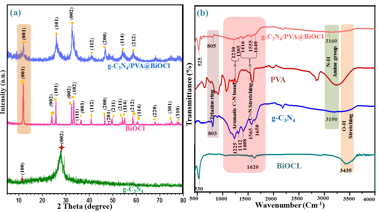 Figure 3: FE-SEM images of (a, b) BiOCl at different magnifications, (c) g-C3N4, (d, e) g-C3N4/PVA@BiOCl, (f) HAADF photograph of g-C3N4/PVA@BiOCl, (g-l) elemental mapping of C, N, O, Bi, and Cl, and (j) EDS spectrum of g-C3N4/PVA@BiOCl.