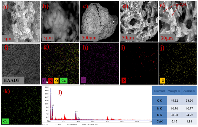 Figure 2: FE-SEM images of (a,b) g-C3N4 at different magnifications, (c) gC3N4/PVA@alginate bead, (d, e) high magnifications of gC3N4/PVA@alginate bead, (f) HAADF photograph of gC3N4/PVA@alginate bead, (g-l) elemental mapping of C, N, O, and Ca, and (l) EDS spectrum of gC3N4/PVA@alginate bead.