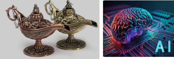 Figure 1: Aladdin Magic lamp (left) and Artificial Intelligent (right) (Courtesy ; Wikipedia).