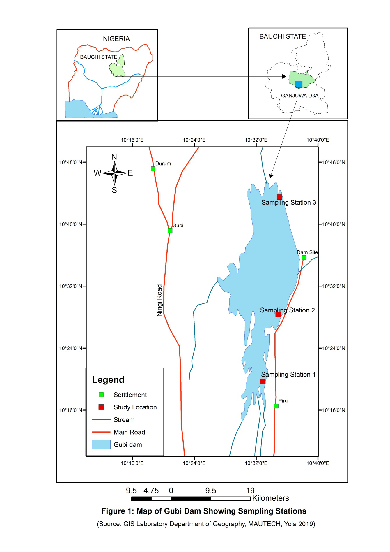 Figure 1: Map of Gubi Dam showing the Sampling Stations.