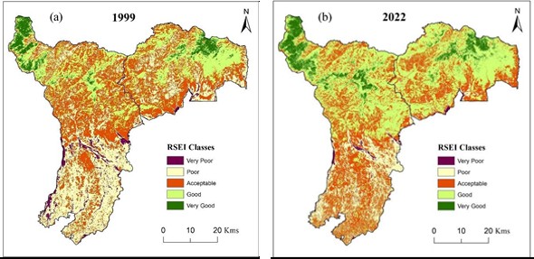 Figure 3: Distribution of Ecological Indicators (NDVI, LSM, NDBSI & LST) NDBSI & LST) over Darjeeling and Kalimpong Districts during 1999 and 2022 [NDVI 1999 (a), NDVI 2022 (b), LSM 1999 (c), LSM 2022 (d), NDBSI 1999 (e), NDBSI 2022 (f), LST 1999 (g), LST 2022 (h)].