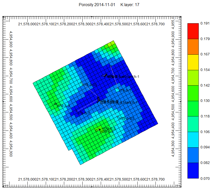 Figure 2: Porosity distribution in layer 17 (left) and in layer 18 (right).