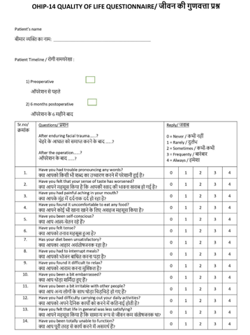 Figure 2: The Oral Health Impact Profile (OHIP-14) is a 14- items questionnaire designed to measure self-reported functional limitation, discomfort and disability attributed to oral conditions. The OHIP-14 is a self-filled questionnaire that focuses on seven dimensions of impact (functional limitation, pain, psychological discomfort, physical disability, psychological disability, social disability and handicap) with participants being asked to respond according to frequency of impact on a 5-point Likert scale coded never (score 0), hardly ever (score1), occasionally (score2), fairly often (score 3) and very often (score 4) [11].