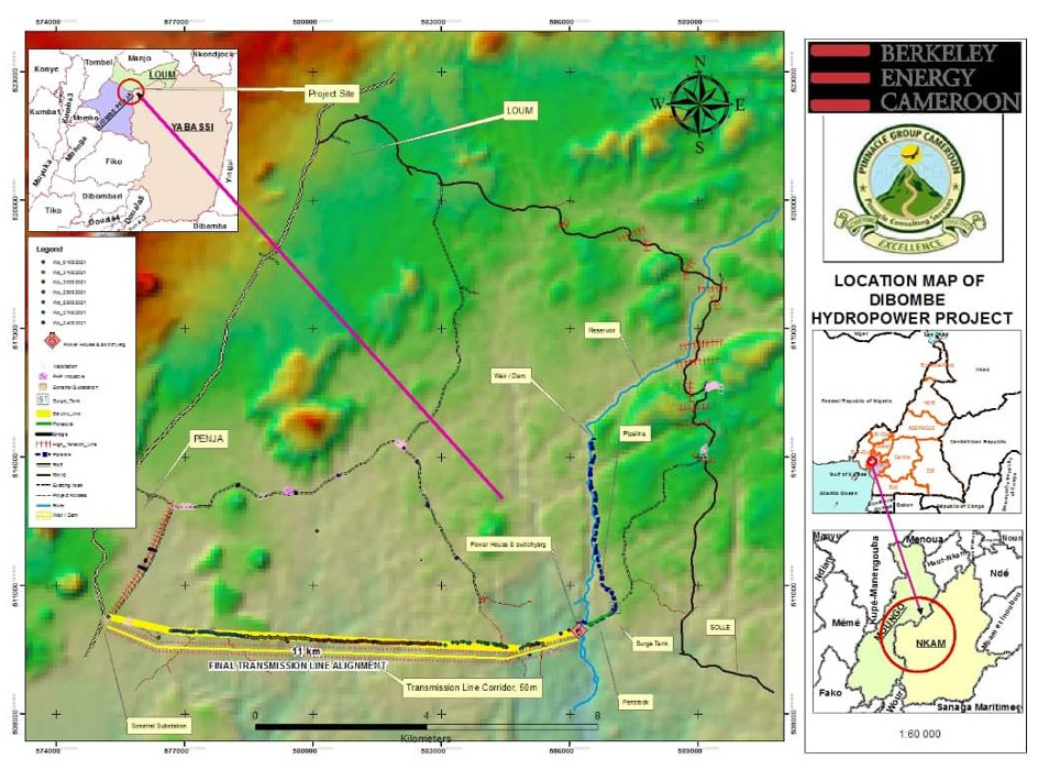 Figure 1: The proposed Dibombe River catchment hydropower plant is a Run-of-River Hydropower Plant in the Littoral Region-Cameroon. It covers the Loum and Djombe-Penja sub-divisions of the Moungo division and the Yabassi sub-division of the Nkam division. The closest communities to the study site are Mabombe, Lamba and Sole to the left bank of the Dibombe river where the HPP infrastructure will be established while Njanga, Boneko and Penja are communities to the right bank of the Dibome River within the area affected by the 11km long transmission line corridor (Figure 1). The project area encompasses diverse land use types, including riparian forests, cocoa plantations, fallow land, and croplands, providing a representative sample of the region’s land use systems. The vegetation around the study area characteristically falls within the lowland evergreen Atlantic or coastal rainforests zone of the Congo Basin. The forest type belongs to the Lower Guinea region of endemism [4] and is abundant in leguminous trees (Fabaceae). Agriculture is the main source of subsistence for the local population. Palms, cocoa, coffee, white paper and banana plantation are the major agricultural activities practiced within the study site. The study area, located within the Littoral Region of Cameroon, experiences a hot and humid climate with high and constant temperatures averaging 27.4°C annually. Rainfall is intense, peaking at 700 mm in August and averaging 3664.2 mm from 1998 to 2007. The region’s geology includes basalts, syntectonic granites, porphyroid granites, and gneisses, contributing to its high tectonic instability. Soils in the area are primarily loam, sandy, and lateritic. Hydrologically, the Douala Basin is significant due to its sandy formations which serve as primary aquifers, recharged by local precipitation and surface water infiltration. The Wouri hydrographic basin features a dendritic drainage pattern, characterized by falls, rapids, and pools, particularly in the Dibombe River.