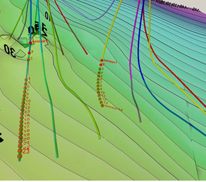 Figure 3: Structural map with drilled wells and FOS wells 1 and 2 used in steam injection. Data gathering & Data analysis of FOS Application Two wells, well #1 (24+1 sensors) and well #2 (14+1 sensors), each on a separate cluster (PAD), have fiber optics installed. Flexible interfaces are readily set up to deliver downhole data to the office system and facilitate communication between the site and the surface data gathering system. A field developed model update resolved the problem with the remote monitoring data acquisition (RMDA) system, where the data acquisition frequency was set at one second and some data was not recorded because of wavelength overlap. The RMDA system is set up at the same frequency as the system office, which has a 10-minute data acquisition frequency. Data analysis includes examination of CSS design and other downhole steam injection circumstances. The amount of steam and the duration of steaming are determined by field experience; When to shut down the well for a fresh CSS, minimum wellhead temperature for a new steam cycle or minimum oil output; There is no link between the steam table and the wellhead characteristics. Next, Questions to pose: Where does water production The following pictures, which come from a thermal simulation or monitoring system during steam injection, display the temperature distribution along a wellbore profile for well # 1 and 2. The well trajectory covered in grey is a horizontal profile on the color map, which shows temperature intensity with cooler areas in blue/green and hotter areas in red/orange. The well path’s labeled values emphasize heat dispersion and possible steam breakthrough or channeling by displaying temperature readings at different recorded depths (Figures 4 & 5). In the horizontal wellbore profile, the 9 5/8” casing is close to base reservoir until an inclination of 93+˚ (parallel to reservoir). Horizontal slotted liner is placed in open hole through the oil sands zone (Figure 6). Steam injection is done through a 3 1/2” tubing, thermal expansion joint and thermal packer. The oil production is performed through conventional rod pump.