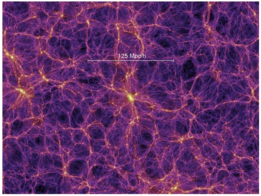 Figure 16: Large Scale Distribution of Dark Matter. The bright spot is the location of our Milky Way [Courtesy- Large Numerical Simulation for Dark Matter Surveys@ Marenostrum Supercomputer].