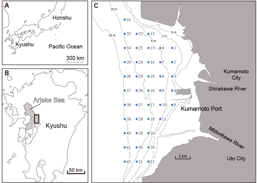 Figure 1: Map of study area. Blue filled circle with number shows each sampling site.