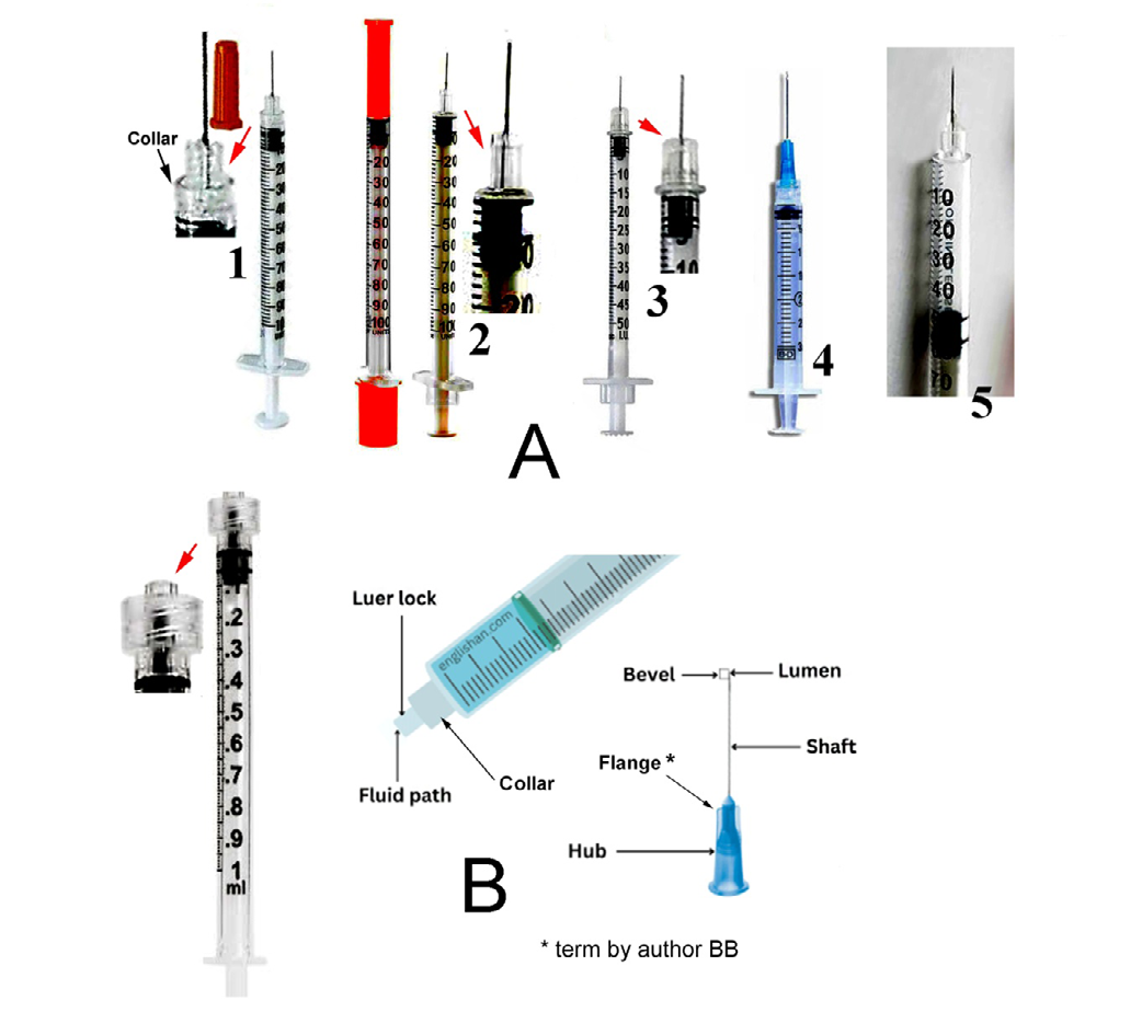 Figure 14: Images of syringes found in a Google search. A. Syringes with needles that are inseparable from the syringe body and designed for single-use injection; syringe 1 differs from the others by having a small collar. B. Syringes with a collar usually have the syringe body separate from the needle so that different size needles can be used. These syringes usually have a higher capacity than most single-use syringes. The syringe parts terminology is provided; the collar covers the hub, except for the flanges, which protrude beyond the collar. The outer collar diameter is 1 cm, measured on syringes from three different manufacturers.