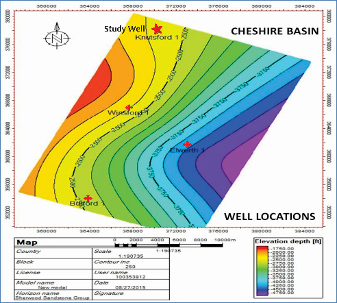Figure 4: Contour map of the Cheshire Basin showing the study location of the Knutsford 1 well, along with Winsford 1, Elworth 1, and Burford 1 for comparative analysis. Data sourced [30,31].