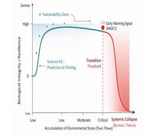 Figure 2: Predictive Piloting of Epigenetic Phase Transition. This graph models the evolution of biological integrity relative to the accumulation of environmental and social stress (Flow Toxicity) within the Science 4.0 framework.