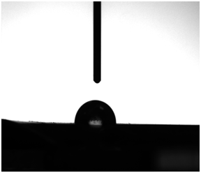 Figure 7: The membrane exhibited an average contact angle of 92.3 ± 1.8° (n = 5), confirming its hydrophobic character. The observed contact angle is consistent with the intrinsic properties of PVDF, which contains non-polar C-F bonds that impart resistance to water wetting. Although the measured value is moderate compared to highly fluorinated membranes, it is sufficient to prevent liquid entry into the membrane pores under the zero-transmembrane-pressure conditions employed in osmotic distillation. No evidence of membrane wetting or liquid breakthrough was observed during the 24 h operation, indicating stable hydrophobic performance. The relatively uniform contact angle values obtained at different locations on the membrane surface further suggest membrane surface homogeneity, which is important for maintaining consistent vapor-phase transport across the membrane during osmotic distillation. Overall, the contact angle results confirm the suitability of the fabricated PVDF membrane for application in osmotic distillation-based dealcoholization processes.