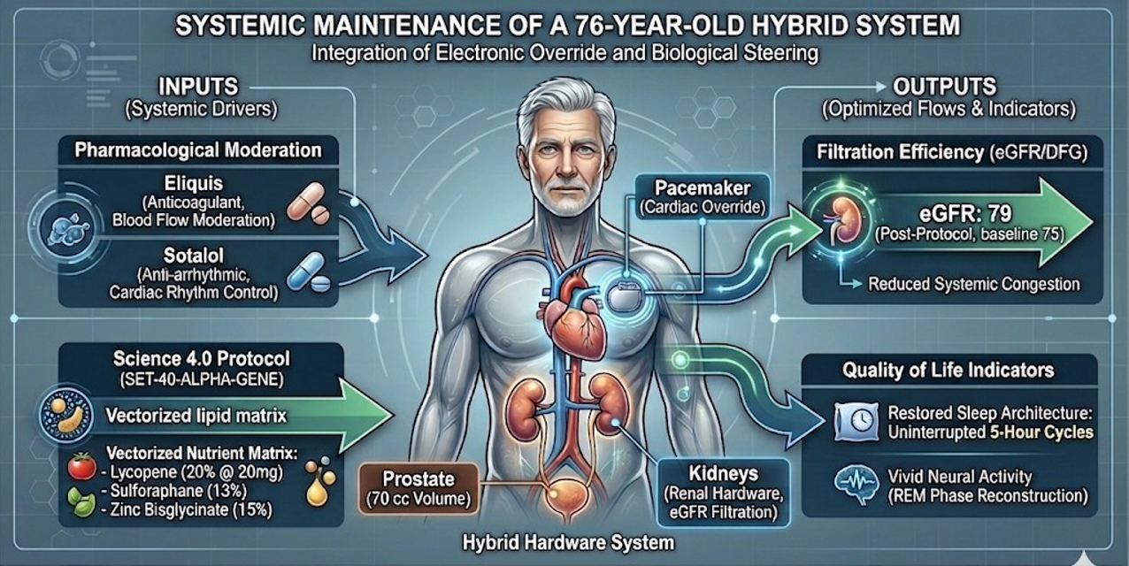 Figure 1: Model of systemic maintenance for a 76-year-old hybrid hardware. The Science 4.0 protocol acts as a ‘Biological Key’ to optimize renal flow (eGFR 79) and circadian resilience (5-hour sleep), managing the inherent complexity of biological, pharmacological, and electronic components.