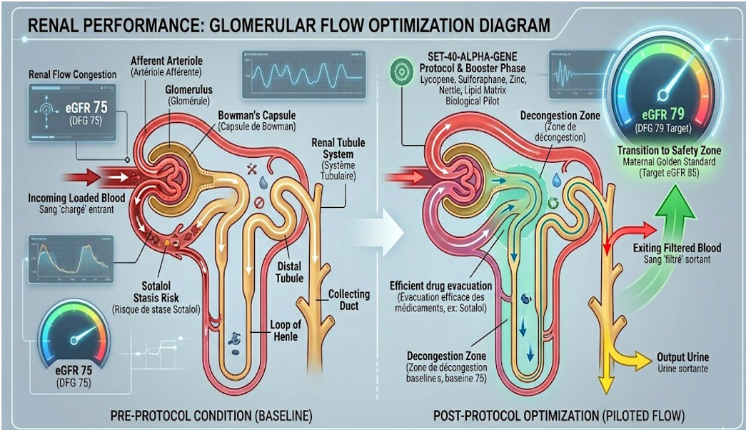 Figure 3: Glomerular Flow Diagram (Renal Performance). Optimization of glomerular flow: Transition to the safety zone (Target 85) (Optimisation du débit glomérulaire : Transition vers la zone de sécurité (Target 85)). This diagram illustrates the technical mechanism behind the eGFR rise (75 to 79). By targeting vascular congestion and inflammation, the protocol (Pilot) clears a specific “Decongestion Zone.” This zone ensures efficient clearance of toxic metabolites and prevents drug stasis (e.g., Sotalol), steering the renal hardware towards the long-term target of eGFR 85 (Maternal Golden Standard).