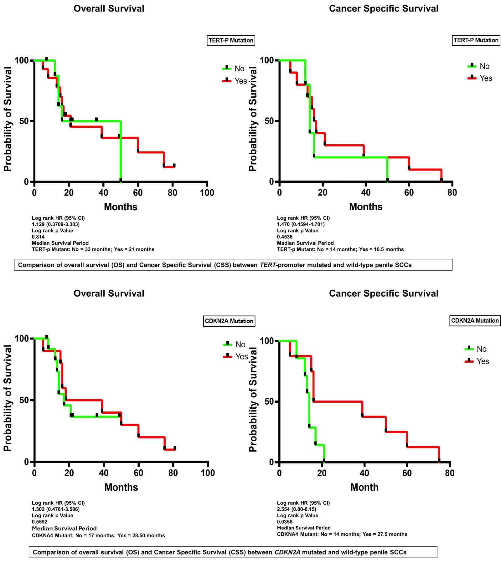Figure 2: Comparison between overall survival (OS) and cancer specific survival (CSS) between TERT-p, CDKN2A, NOTCH1 and TP53 mutated and wild-type penile squamous cell carcinomas.