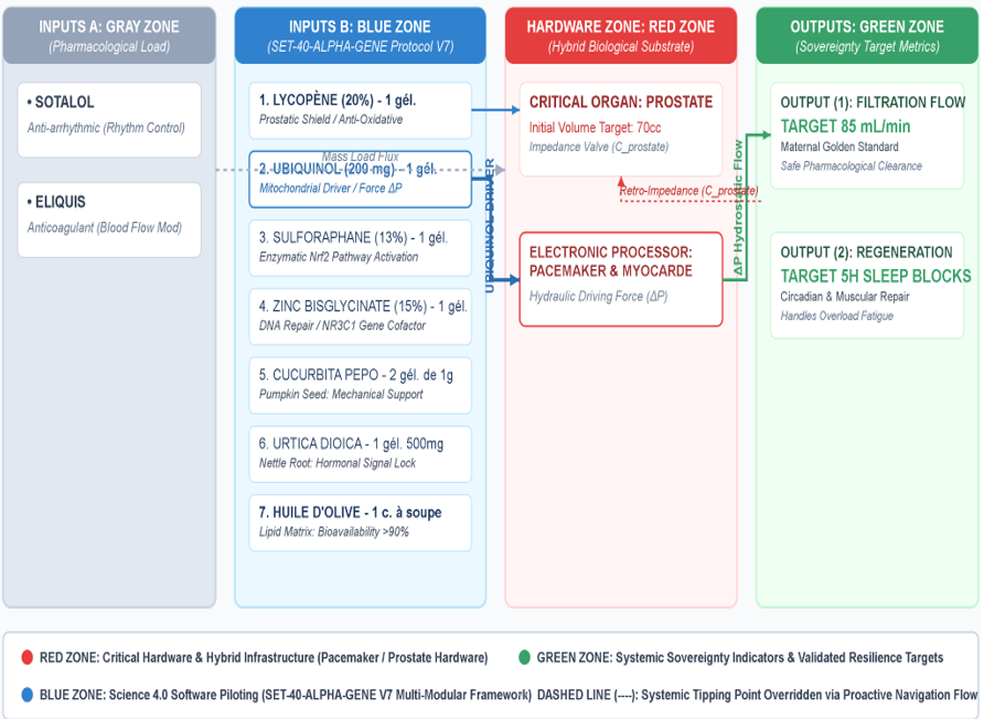 Figure 1: Cybernetic Functional Cartography (V7) for S.E.T. Bio-OS Firmware Navigation. Empirical Validation and Telemetry Tracking The unified operational framework has been stringently validated through long-term tracking of a 76-year-old hybrid system presenting a 70cc initial prostatic volume. Longitudinal telemetry metrics confirm a profound stabilization across all primary status codes, as formalized in the data summary below (Table 1).