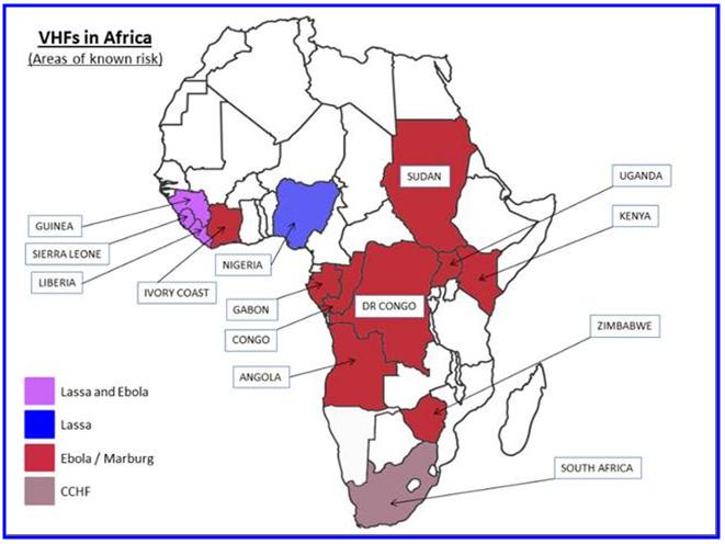 Figure 1: Map of Viral haemorrhagic fevers in Africa showing areas of known risk [6].
