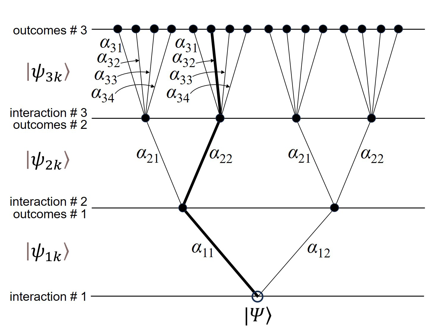 Figure 1: This figure, adapted from Hartle [23], shows the branching structure of a set of 16 alternative histories that constitute the wave function ψ , featuring three interactions. The probability amplitude associated with each interaction is _α__nk_, where _n_ refers to interaction #_n_ and _k_ is the _k_th alternative outcome for that interaction. Thus, ψ is the superposition of the 16 histories, each history being the tensor product of the three vectors _nk_ ψ associated with the three interactions. One of the 16 alternative branches has been highlighted for discussion in the text.