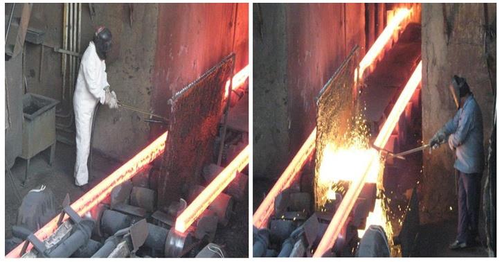Figure 1: Billet cutting task in radiant environment with and without protective clothing. The rods were continually followed through each of the rolling stations, and sequentially become thinner and thinner, and longer and longer at each stage. The hooks and pliers were cooled systematically in a water bucket placed nearby. After the hot metal bars or ingots passed the motor operated rollers and extruders, they were moved down to the end of the rail, and the swinging platform. A piece of cloth was wrapped over the head and mouth of the workers for protection against the furnace heat and radiation temperature. In some cases, old and dirty leather hand gloves were used in both hands of the manual workers (Figure 2).