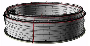 Figure 3: Depiction of storage tanks structure. D – diameter of tank (84.47 m) Dh – diameter of containment tank (90.47 m) Af – horizontal combustion area of tank (5,604 m2) Af h – horizontal combustion area of containment tank (6,428 m2) m”∞ – rate of combustion by area (0.02833 kgm-2s-1) k× β – product of constant radiation flow from the flame to the surface of the flammable liquid (2.8 m-1) χ – efficiency of combustion of crude oil (70 % i.e. 0.7) ΔHc – total heat of combustion of crude oil (42.5 MJkg-1 = 42,500 kJkg-1) Q˙ = 5,604 × 0.02833 × (1 – e-2.8 × 84.47) × 0.7 × 42,500 = 4,723,149.3 kJs-1 = 4,723.1493MW For fire in a large capacity tank with a volume of 125,000 m3 the heat release rate is approximately 4,723 MW. The average flame height during the fire Lf : Lf = 0.235 × 4,723,149.3 2/5 – 1.02 × 84.47 = 23.68 m The average flame height during the fire is approximately 23.68 m.