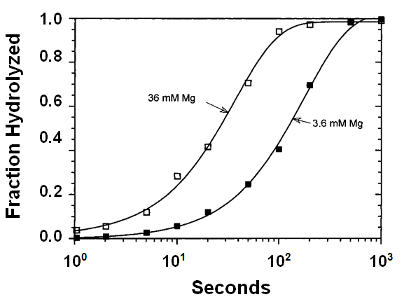 Figure 8: Quench-flow measurement of the time course of mant-cGMP hydrolysis. mant-cGMP hydrolysis rate was determined by measuring the appearance of mant-5’-GMP by HPLC (described in “Experimental Procedures”). Final concentrations for each time point were 2.5 µM C domain and 1.25 uM mant-cGMP. Experimental conditions were either 3.6 mM (□) or 36 mM MgCl2 (■) in 20 mM Tris-HCl, at pH 7.5, 50 mM NaCl. The solid lines represent a single- exponential fit with a _k__hydrolysis_ of 0.0055 s-1 at 3.6 mM MgCl2 and 0.027 s-1 at 36 mM MgCl2.