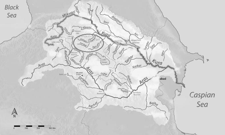 Figure 1: Rivers belonging to Kura River. The basin of the rivers studied by us is circled. /the map is taken from en.wikipedia.org/wiki/Kura_(Caspian_Sea) website.