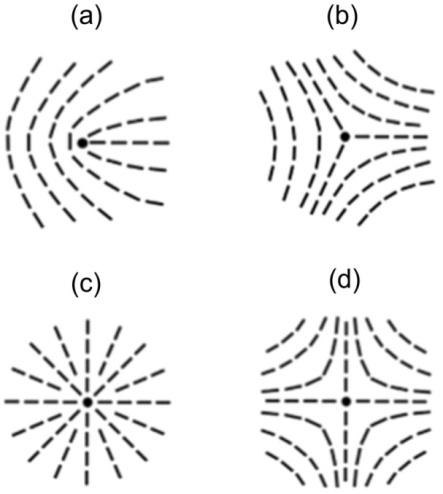 Figure 1: At origin of TDs the relevant field is not uniquely defined and is consequently melted. The linear size of the defect core, where ordering is essentially melted, is given by the relevant order parameter correlation lengthξ. The key property of TDs in 2D is their winding number m [11,12]. It determines a number of rotations of the field along a line enclosing the defect core counter clock-wise. TDs with m>0 and m<0 are commonly referred as defects and antidefects, respectively. The total charge of TDs within a system is conserved for fixed boundary conditions (if the field is not melted). In several cases TDs behave similar to electric charges, i.e., a pair of like charges repels each other and TDs of opposite charges attract each other. Therefore, pairs {+m,-m} tend to annihilate into a defect-less state [16].