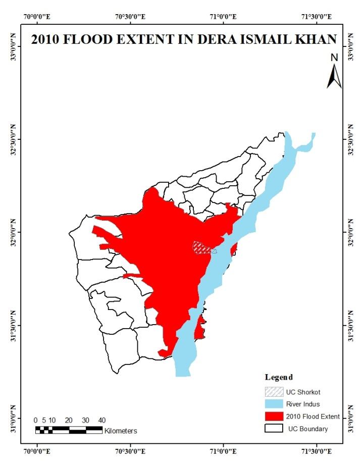 Figure 1: Showing flood extensions in DI Khan with study area on River Indus bank. Normally the monsoon arrives in first or second weeks of June. During the monsoons riverine floods that occur in rivers Kabul, Swat and Indus tend to impact the populated districts of central and western KP, while flash floods also occur astride these rivers, sometimes resulting in colossal losses. The floods in KP are generally caused by heavy concentrated rainfall in the catchments of River Indus, river swat and river Kabul during the monsoon season, which are also augmented by snowmelt flow. Major floods occur in late summer (July to September) when the South Asian region is subjected to heavy monsoonal rains. Major floods in the province have occurred in 1976, 1982, 1988, Journal of Ecology & Natural Resources