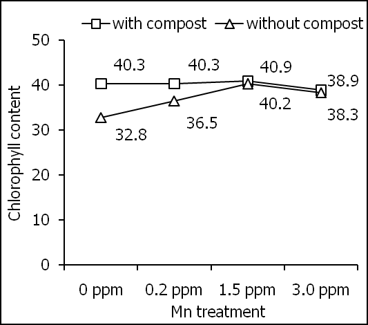 Figure 1: Effects of different concentration of Mn on area of leaf in the presence of compost (open bars) and absence of compost (closed bars) of sweet potato plants. Error bars indicate standard deviation with 5 replicates. Mn application did not affect leaf area compared to the control condition (Figure 1; closed bars). In contrast, compost increased leaf area of sweet potato plants but showed a similar effect in all treatments. Results confirmed that application of compost significantly increased leaf area (Figure 1; open bars) regardless of Mn application.