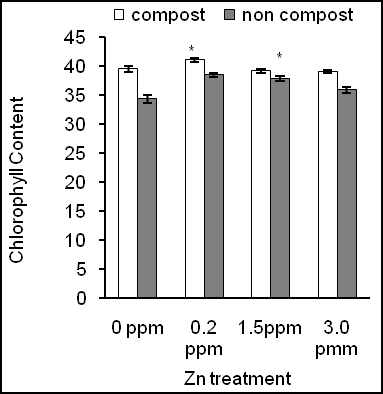 Figure 4: Effects of Zn on photosynthesis rate in leaves of sweet potato in the presence of compost (open bars) and absence of compost (closed bars). Error bars indicate standard deviation with 5 replicates. The concentration of Zn at 0.2 ppm significantly increased net Pn rate in leaves compared to the control and higher Zn concentration (3 ppm of Zn; Figure 4; closed bars). This result suggests that Pn rate in plants is Zn- depended where low concentration increased Pn but high concentration decreased Pn rate in leaves of plants. Moreover, compost application significantly increased Pn rate in leaves regardless of Zn treatments (Figure 4a; open bars). These results suggest that composting in sandy soil increases cell functioning in leaves to increase Pn rate in leaves of sweet potato plants. Whether composting and Zn affects the production of sweet potato, a number of tubers and the weight of tuber were measured after harvesting of crop. Figure 5a shows that Zn application did not affect number of tuber compared to the control. In contrast, compost application significantly increased numbers of tuber in Zn-untreated plants (Figure 5a; under 0 ppm of Zn).