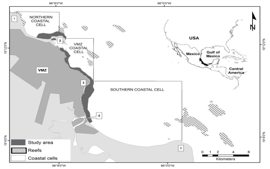 Figure 1: Study Area within Veracruz Bay and the three identified coastal cells near to the Veracruz Metropolitan Zone (VMZ). The numbers represents; 1. Punta Gorda headland; 2. Port of Veracruz; 3. Punta Mocambo headland; 4. Jamapa River inlet; and 5 Punta Anton Lizardo headland.