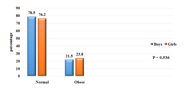 Figure 5: Waist hip ratio status of the boys and girls. Waist to Hip circumference ratio: Normal <90th percentile Obese ≥90th percentile Table 2: BMI status in various socioeconomic groups.